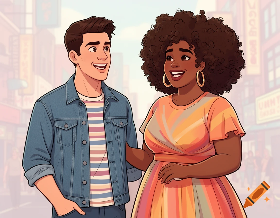 Cartoon illustration of a smiling white man in a denim jacket and a Black woman with an afro in a colorful dress, standing together.