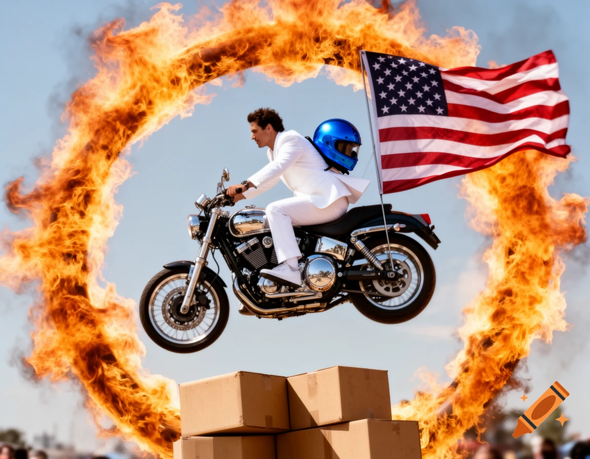 A man in a white suit and blue helmet jumps a motorcycle through a ring of fire, carrying an American flag. He is airborne above stacked cardboard boxes.