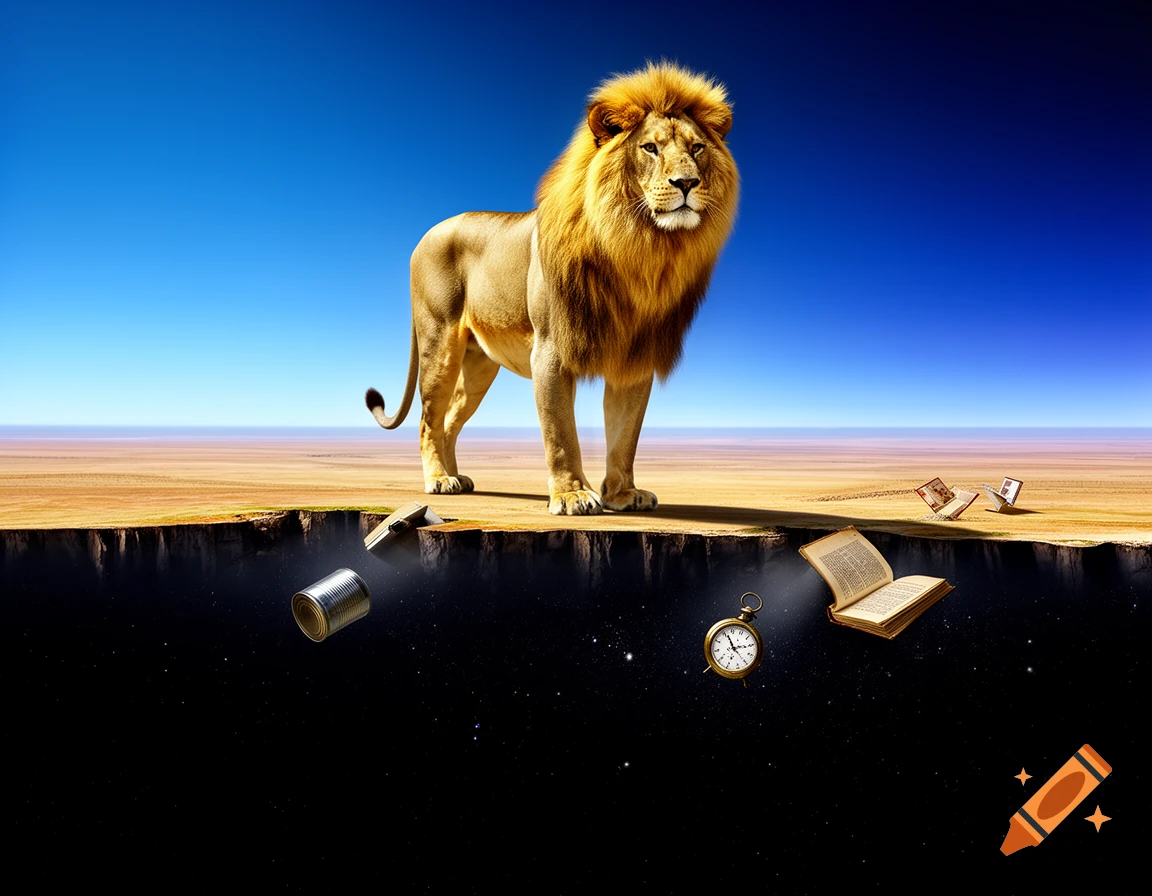 A photorealistic lion stands on the edge of a flat earth, as books, a can, and a clock fall into a starry cosmic abyss below.