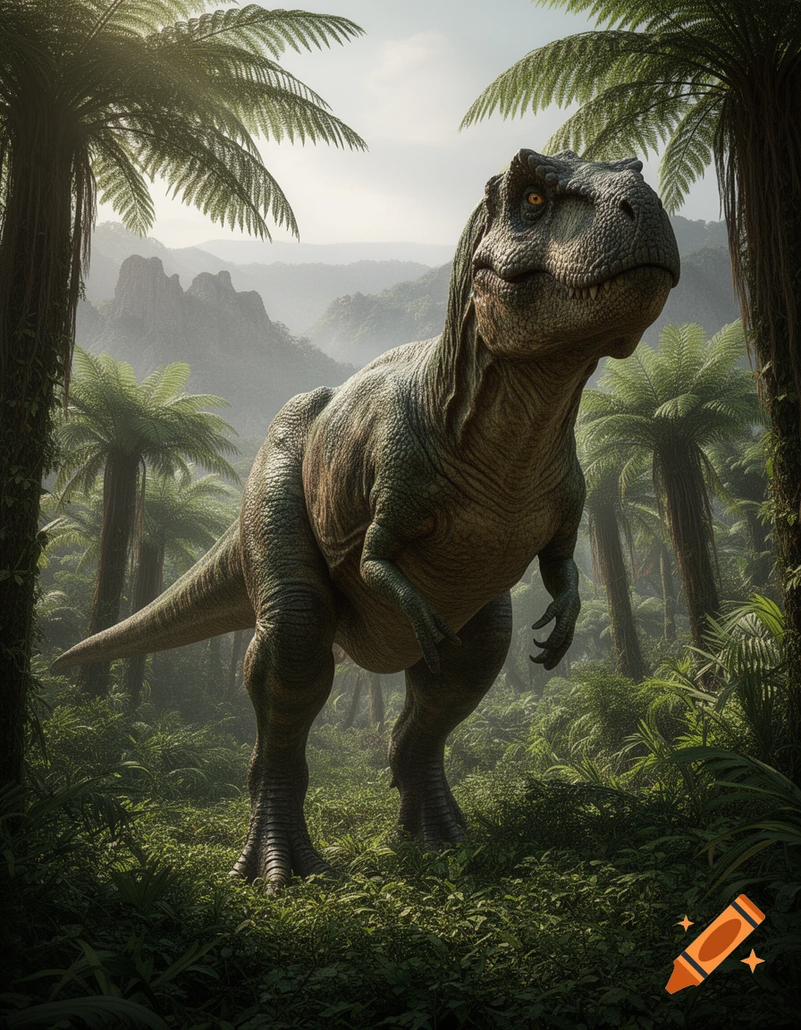 A realistic T-Rex stands amidst dense green foliage in a misty jungle with tall palm trees.