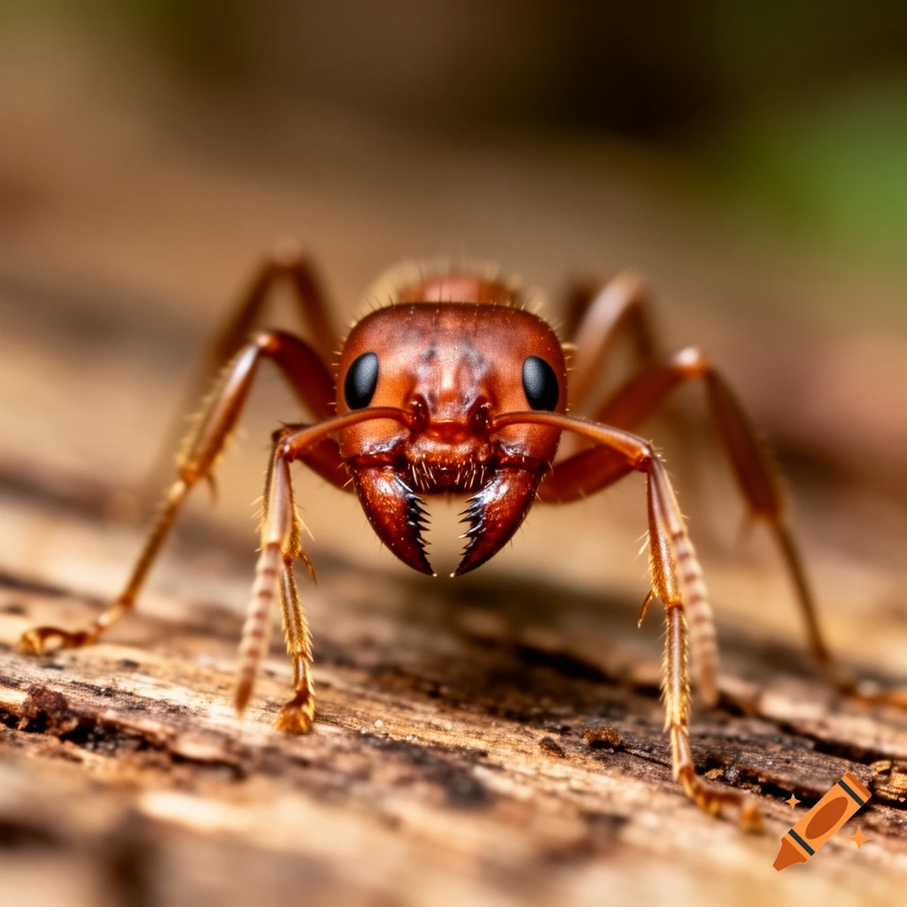 Photorealistic macro shot of a reddish-brown ant with prominent mandibles on a textured wooden surface.