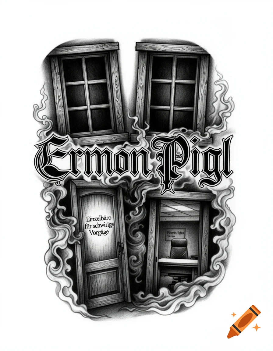 A black and grey realism tattoo design featuring gothic lettering "Ermon Pigl" surrounded by two closed wooden windows and a door labeled "Einzelbüro für schwierige Vorgänge" leading to an office, all enveloped in smoke on a white background.