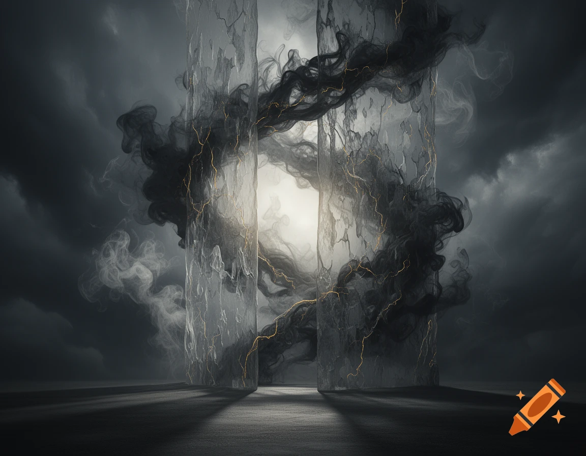 Two tall, translucent, cracked pillars with glowing golden lines and dark smoke, standing on a dark ground under a stormy sky, with a bright light between them.