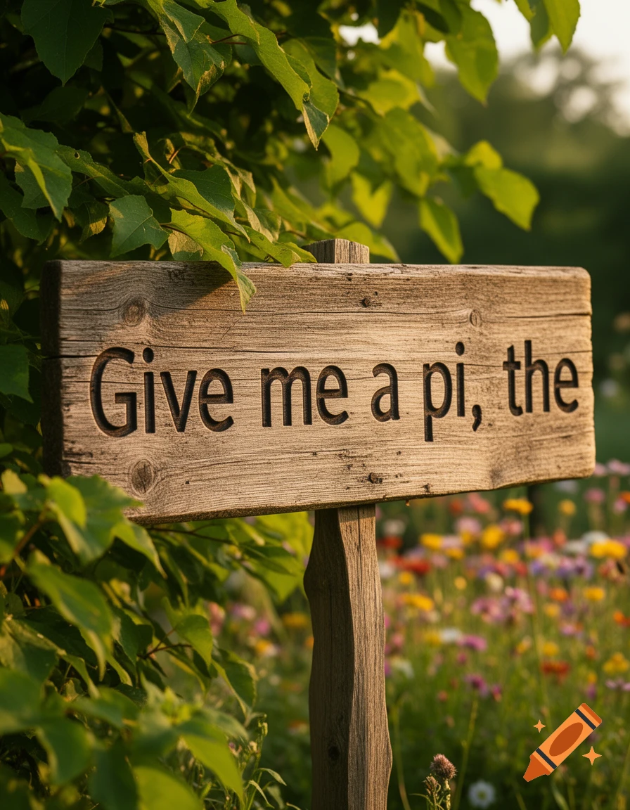 A wooden sign with "Give me a pi, the" carved into it stands amidst lush green leaves and colorful wildflowers in a sunny garden.