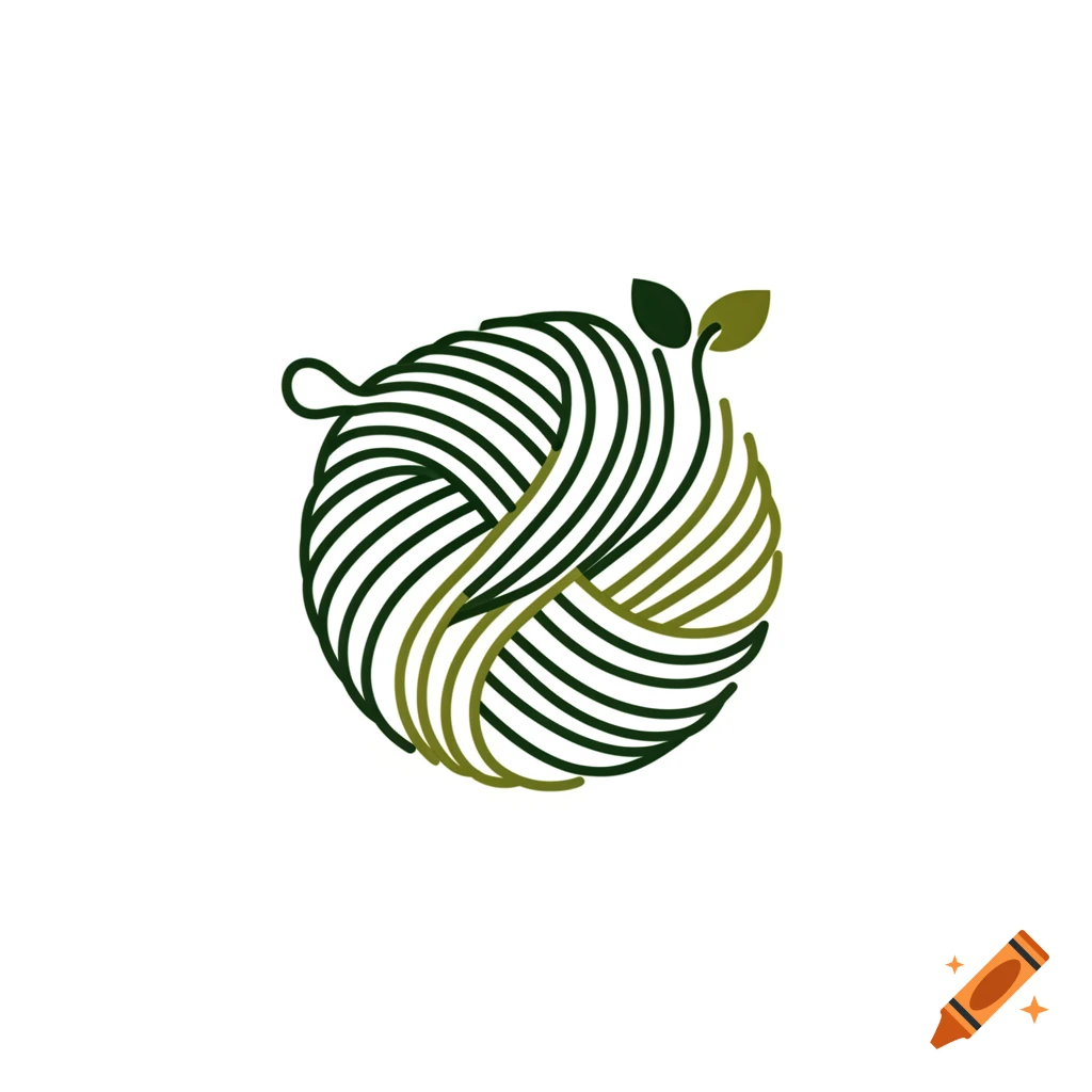 Minimalist logo of a yarn ball made from dark and olive green lines with small leaves.