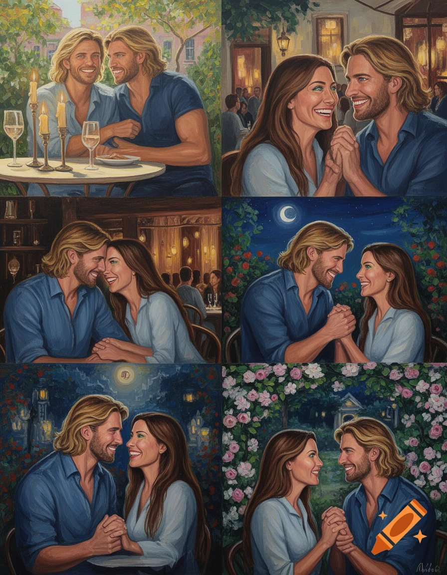 An acrylic painting of an attractive blonde man and a brown-haired woman smiling at each other on multiple dates in various romantic settings.