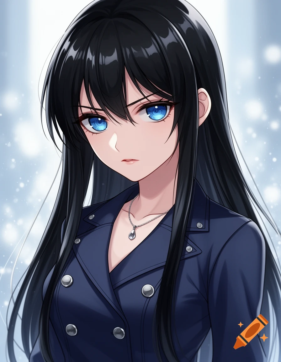 Anime girl with long black hair and bright blue eyes, wearing a dark blue jacket and silver necklace.