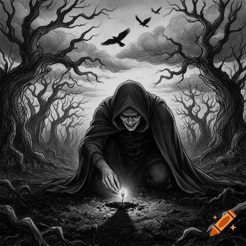 A hooded, sinister figure kneels, planting a glowing seed in a dark, gnarled forest under a rainy sky, in a black and white hand-drawn style.