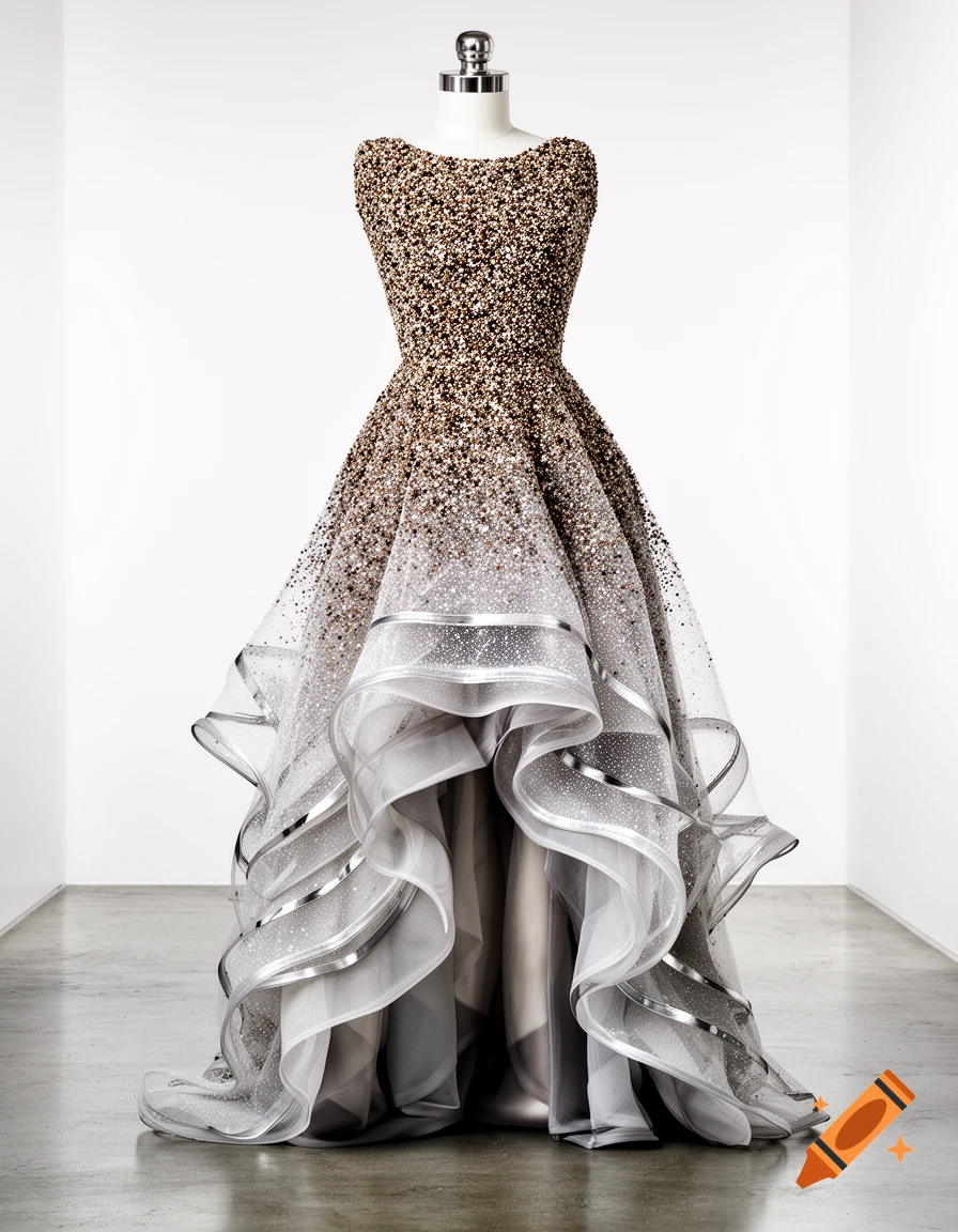 An elaborate gown on a mannequin, with a beaded bodice transitioning to a full, ruffled grey and silver skirt.