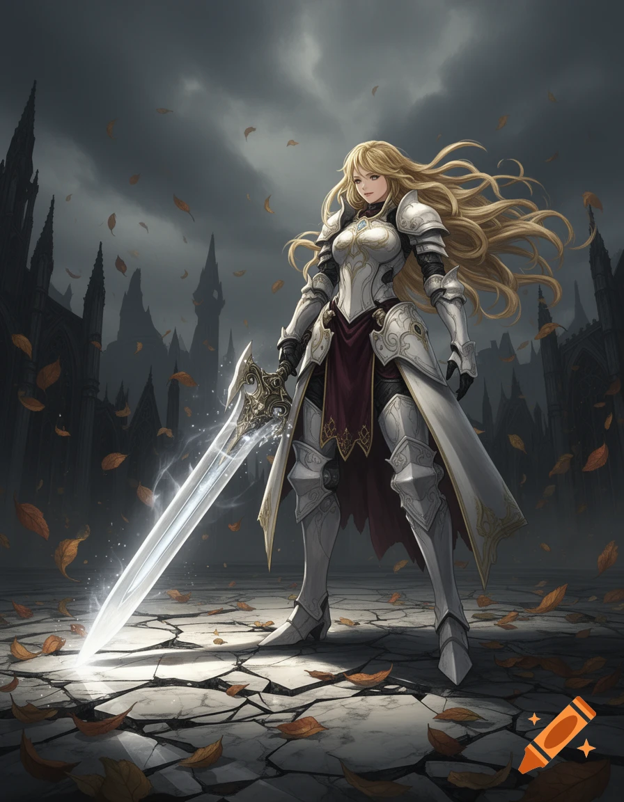 A full-body digital painting of a blonde female knight in white and silver armor, holding a glowing sword, on cracked ground with autumn leaves and gothic ruins under a stormy sky.