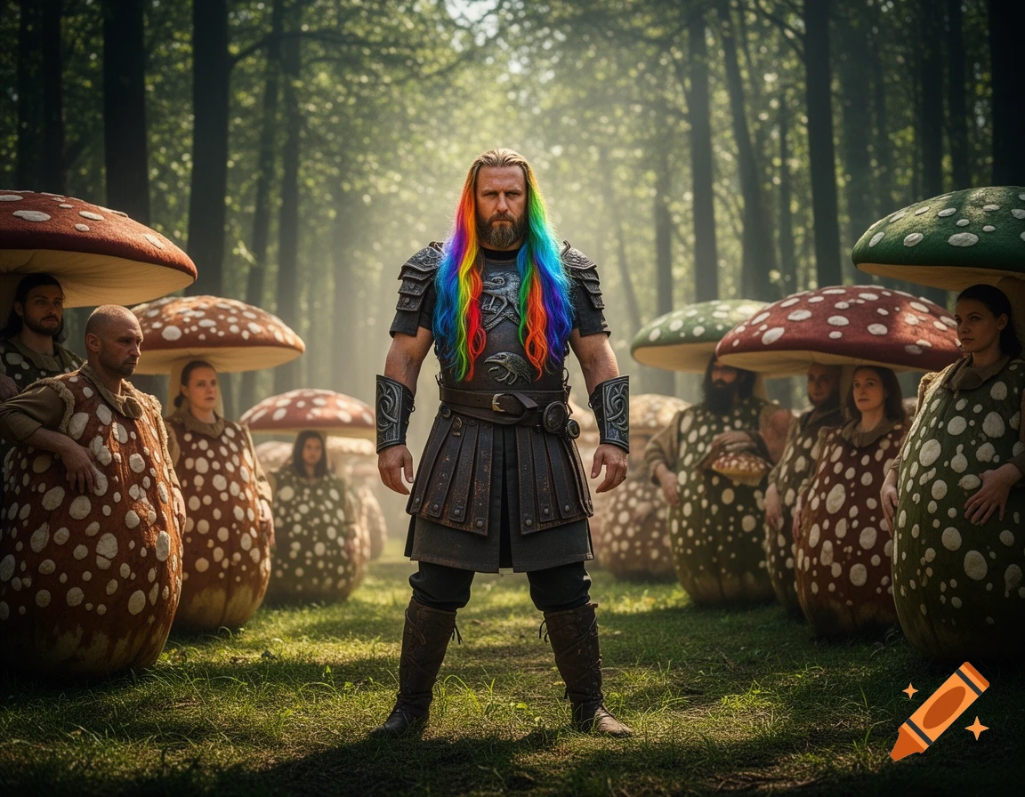 A photorealistic image of a Viking-like man with rainbow hair standing in a forest, surrounded by people in toadstool costumes.
