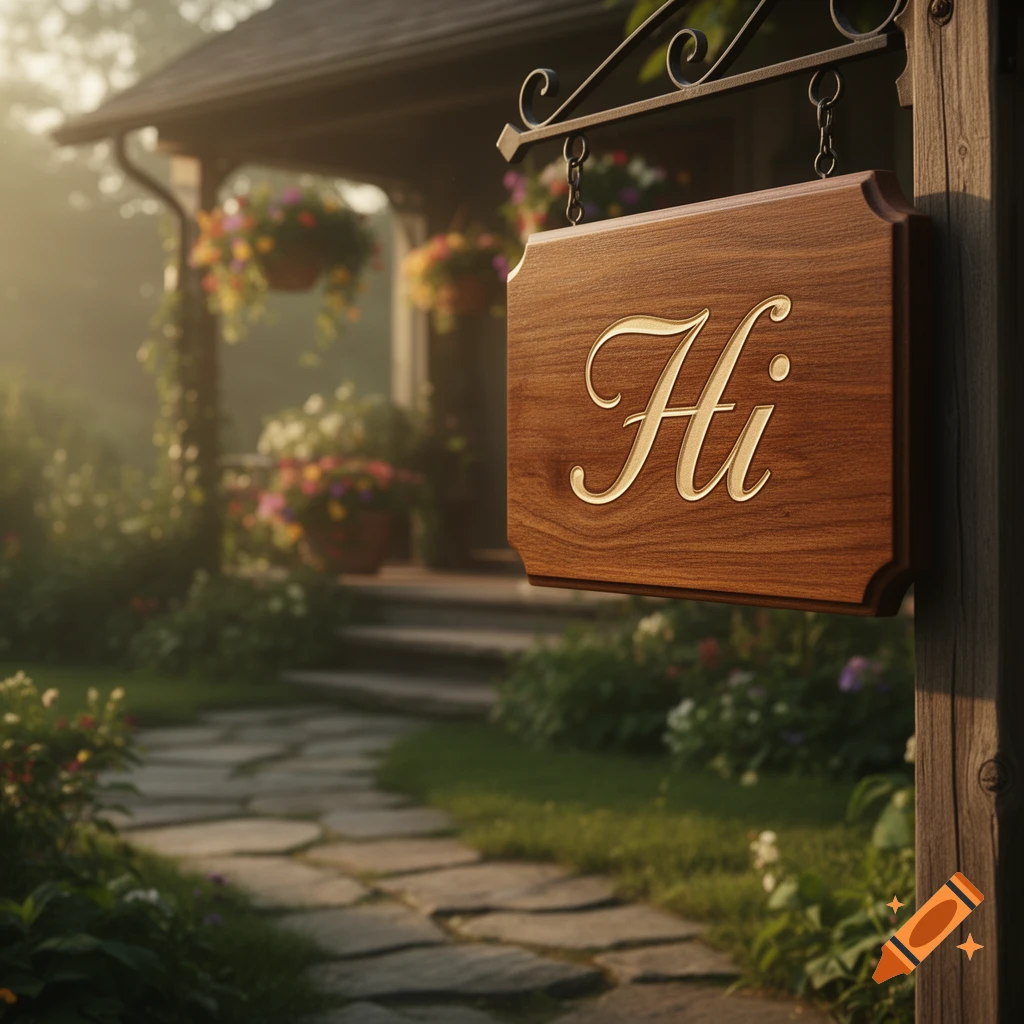 A wooden sign with 'Hi' in elegant script hangs by a stone path leading to a cozy, flower-covered cottage bathed in warm sunlight.