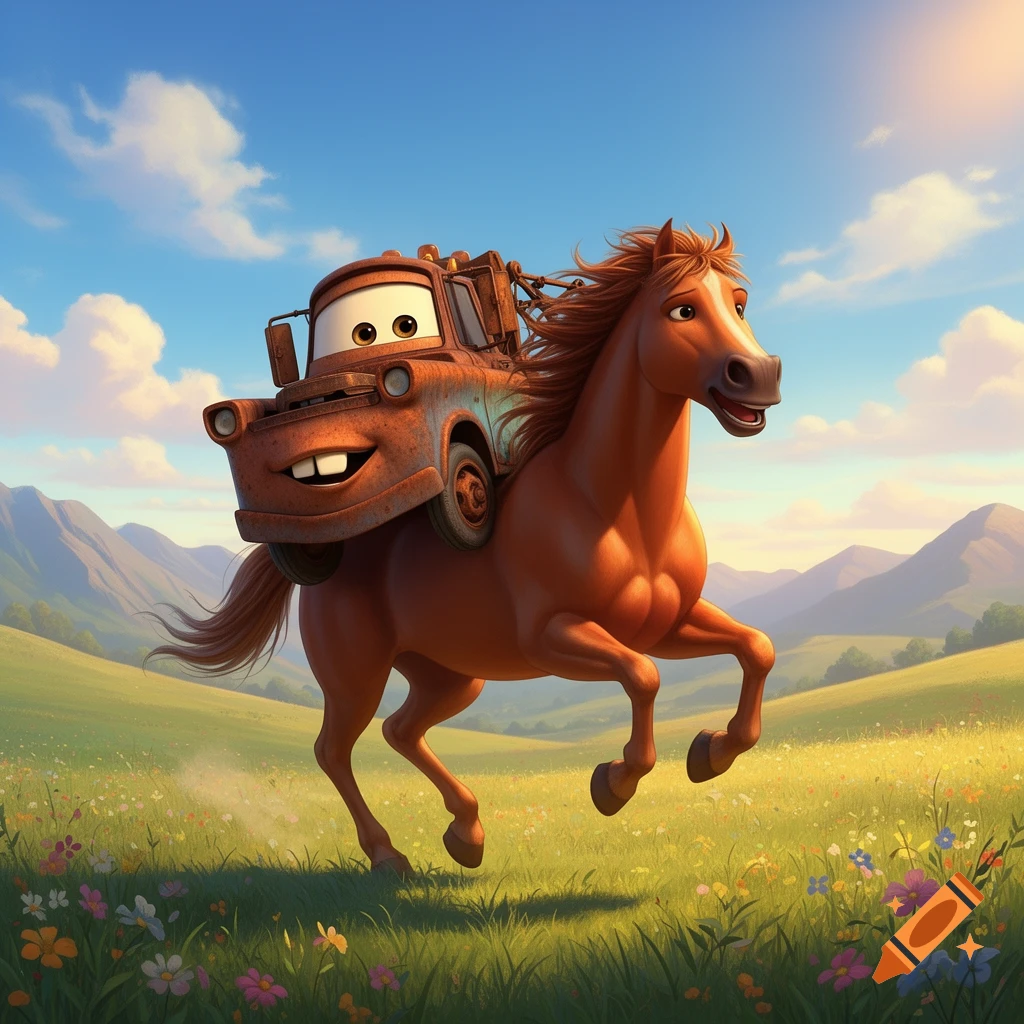 Mater from Disney's Cars rides a brown horse through a vibrant green, flower-filled meadow under a blue sky.