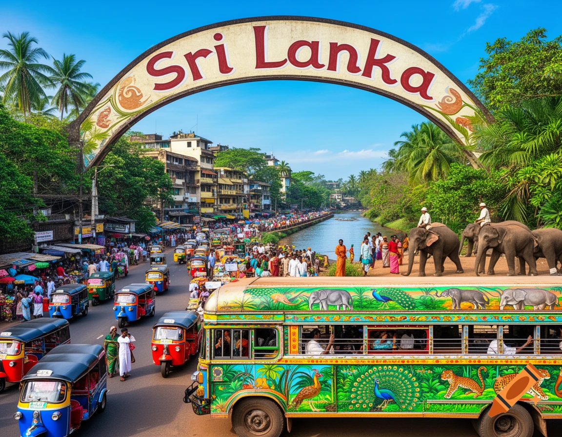 Vibrant street scene in Sri Lanka with a "Sri Lanka" arch, a colorful painted bus, many tuk-tuks, elephants, people, and a river.