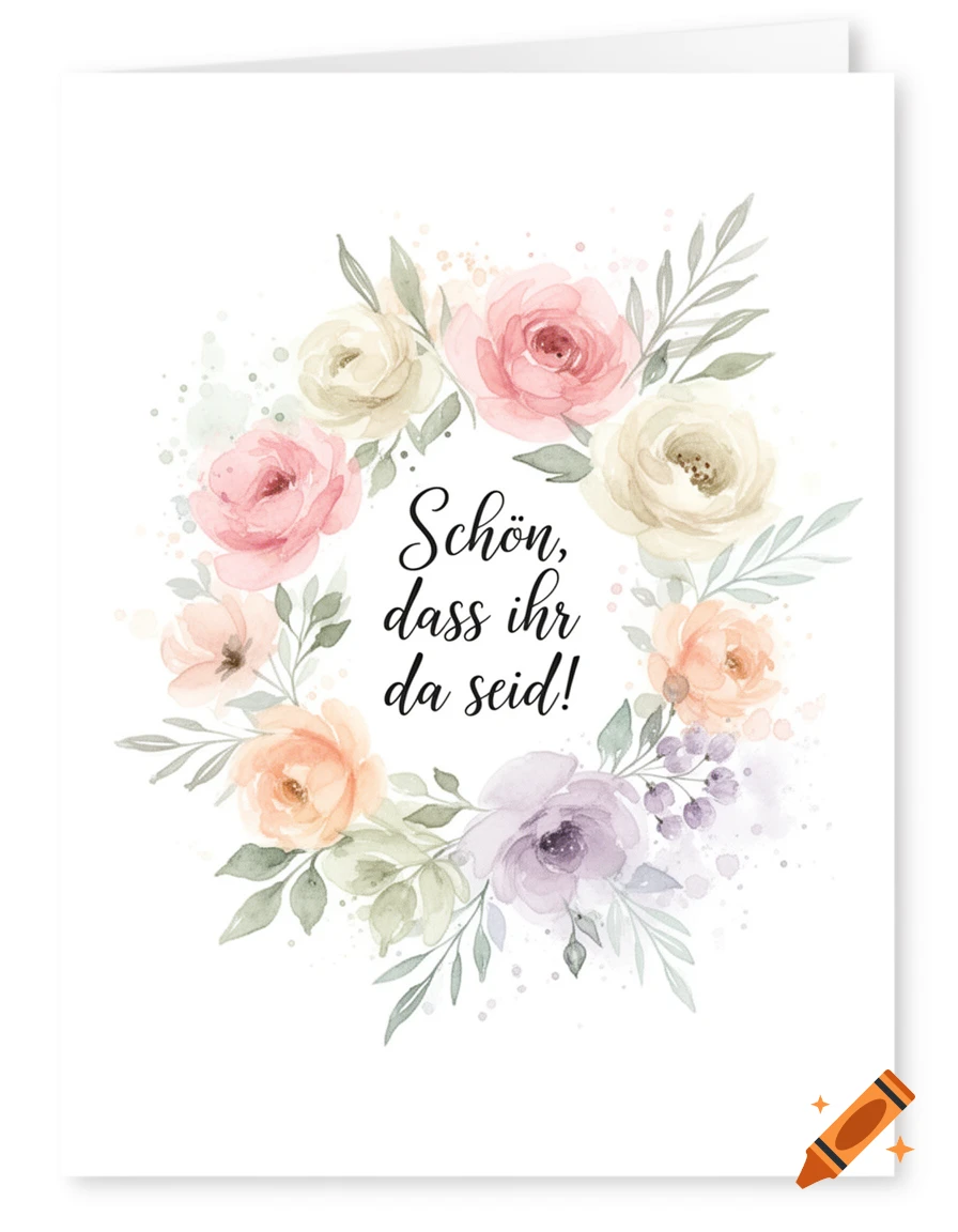 A white greeting card with a watercolor floral wreath in pastel pink, peach, cream, and lavender. The center reads "Schön, dass ihr da seid!" in black script.