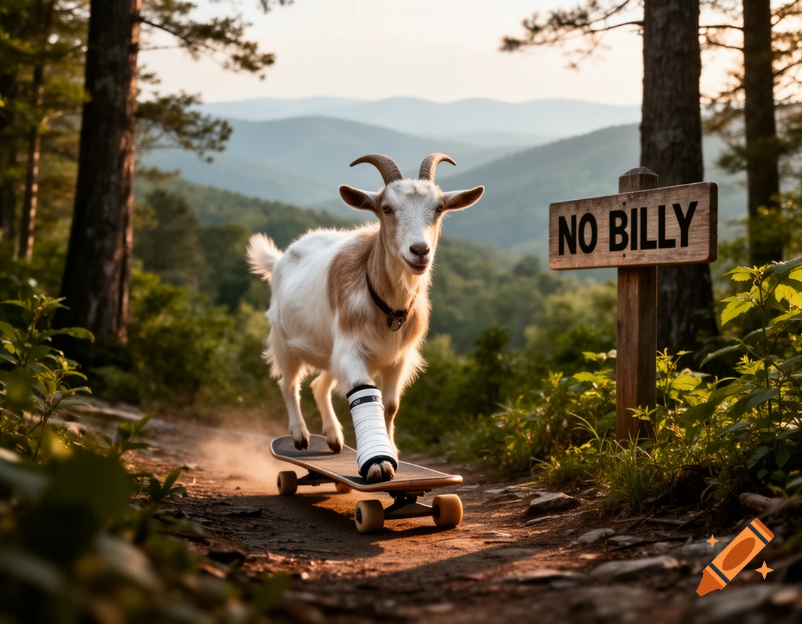 A goat with a cast on its leg rides a skateboard down a dirt path in a forest, past a sign reading 'NO BILLY'.
