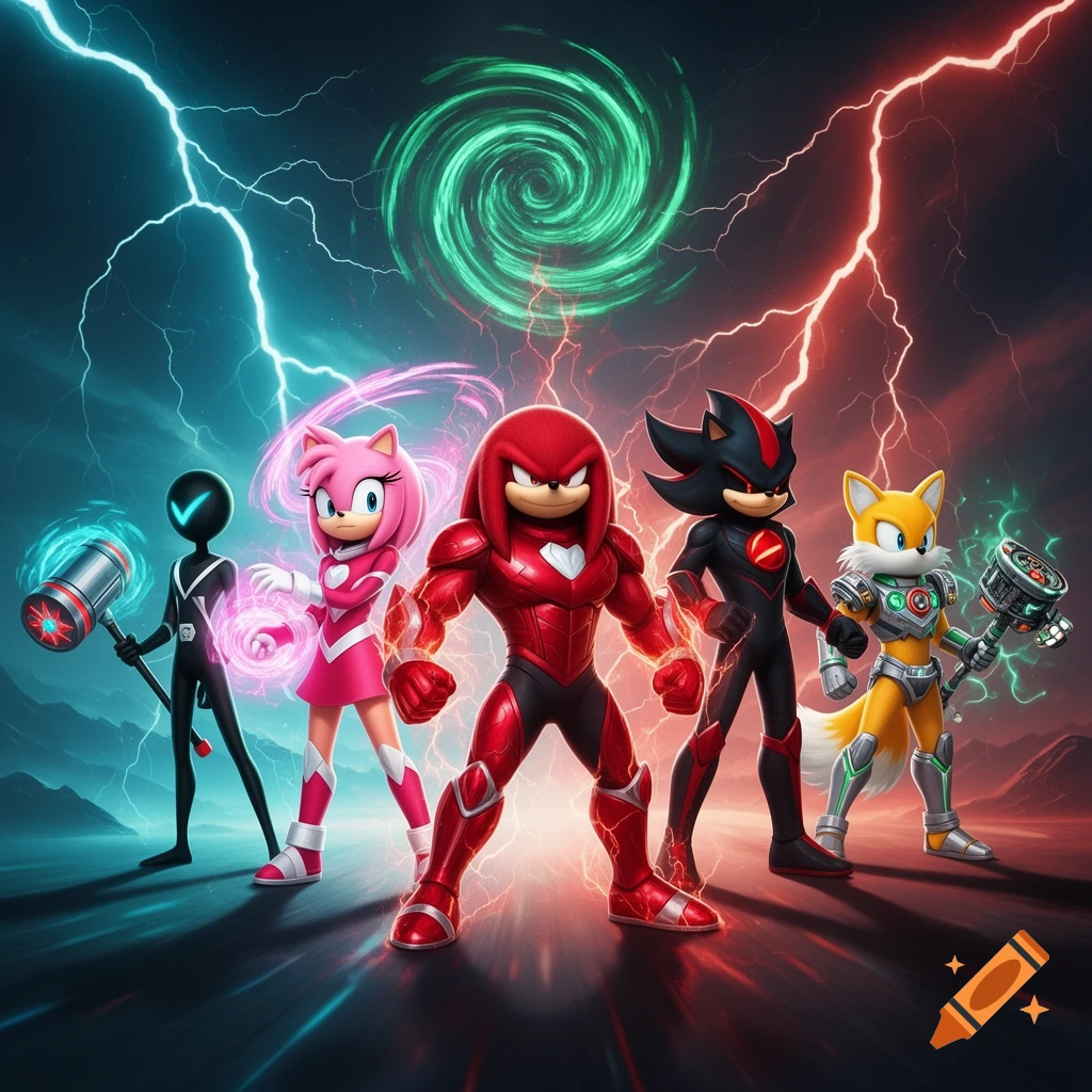Sonic characters Knuckles, Shadow, Amy, Tails, and a stickman warrior stand in superhero forms amidst blue and red lightning and green energy.