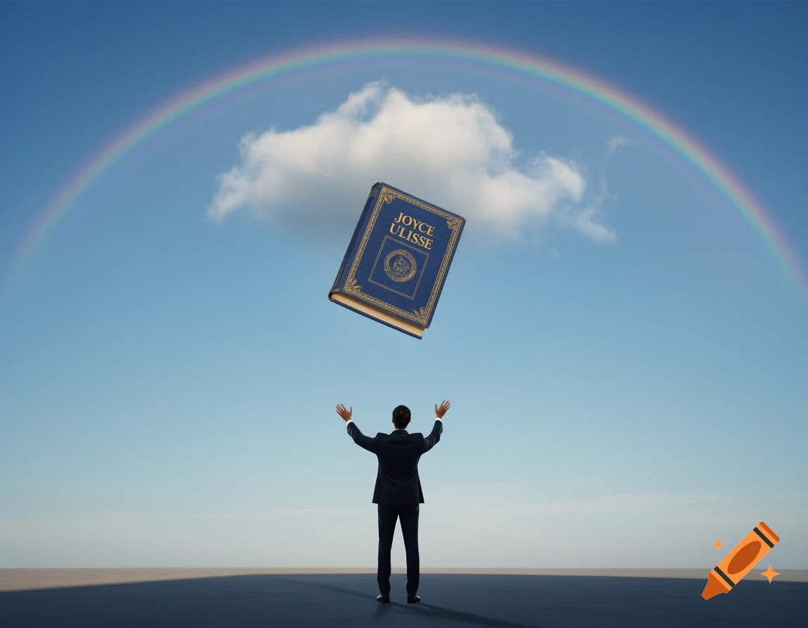 A man in a suit looks up at a large, blue book labeled 'JOYCE ULISSE' floating under a rainbow in a clear blue sky, photorealistic.