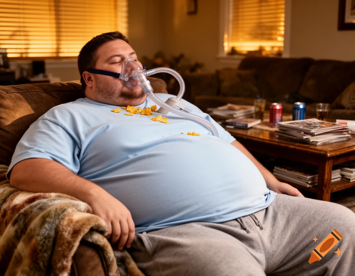 Overweight man sleeping on a couch with a CPAP machine and chip crumbs on his shirt in a living room.