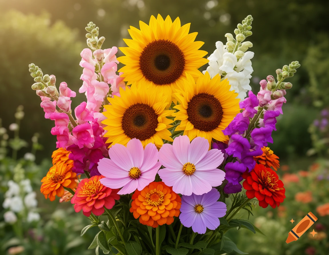 A vibrant photorealistic bouquet featuring yellow sunflowers, pink, purple, and white snapdragons, pink and lavender cosmos, and orange and red zinnias.