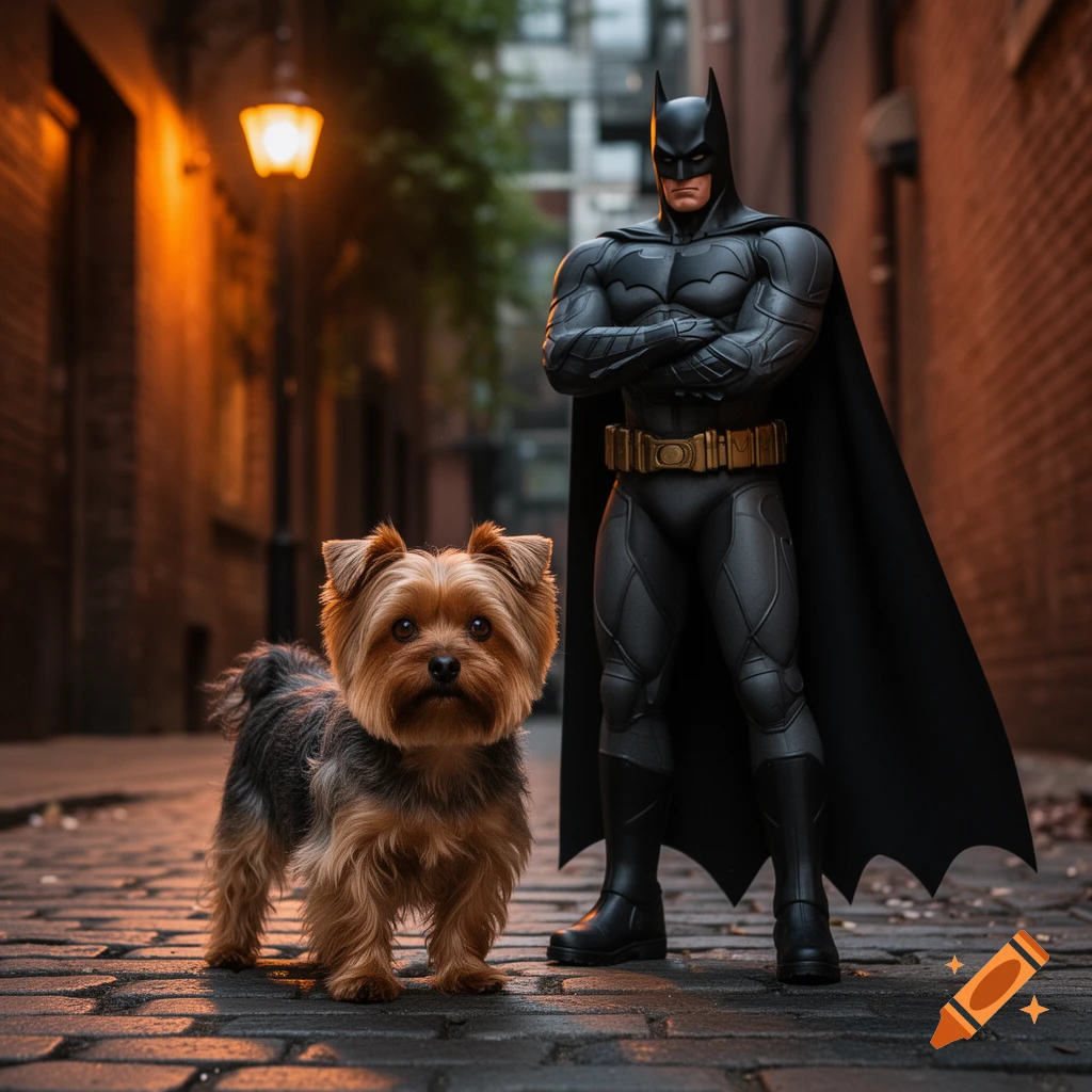A small Yorkie with floppy ears stands next to a detailed Batman figure in a dimly lit cobblestone alley.