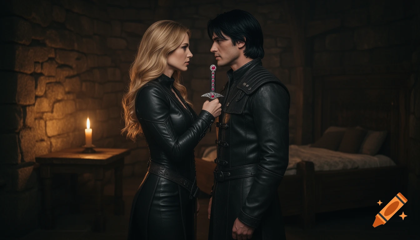 A blonde woman in leather holds a ruby-studded dagger to a black-haired man's chest in a dimly lit medieval room, both looking intently at each other, photorealistic.