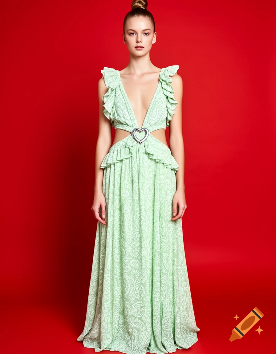 Young woman in a light green paisley maxi dress with a V-neck and waist cutouts, featuring a silver heart buckle, standing against a red background.