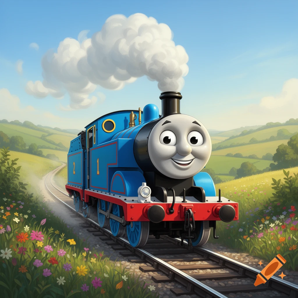Thomas the Tank Engine smiling on train tracks through a colorful flowery field with rolling hills and a blue sky.