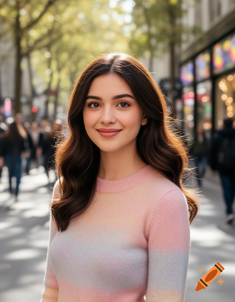 A young woman with long dark hair smiles while wearing a pastel striped sweater on a sunny, bustling city street. Photorealistic.