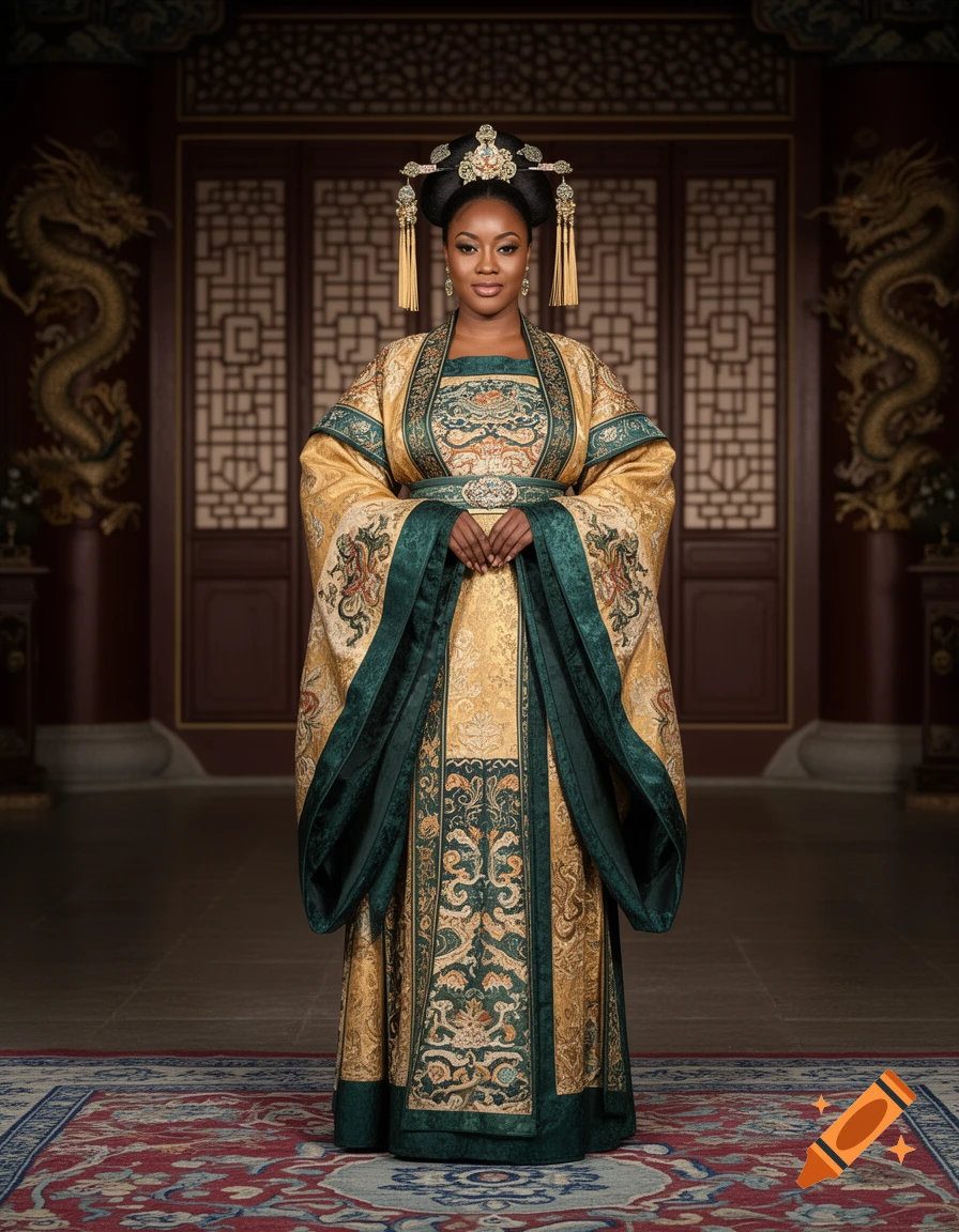 A Black woman in an elaborate gold and green ancient Chinese royal concubine robe and headdress stands in an ornate room with dragon statues.