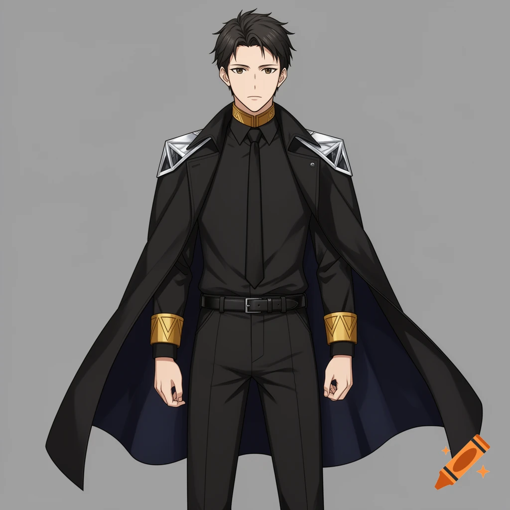 Anime-style character in a black military-style uniform with a long coat worn like a cape, gold trim, and silver geometric epaulets on a grey background.