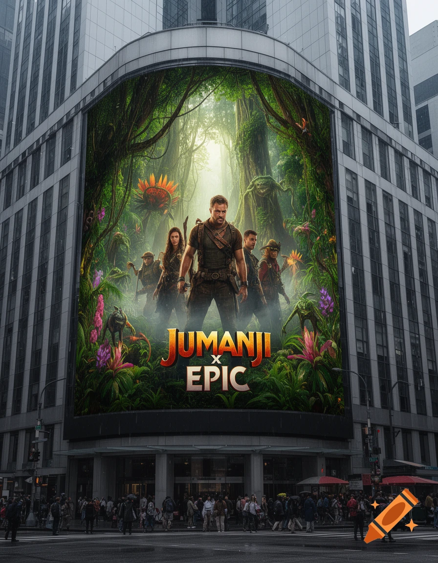 A large photorealistic billboard showing a JUMANJI X EPIC movie poster with action characters in a jungle, on a city building.