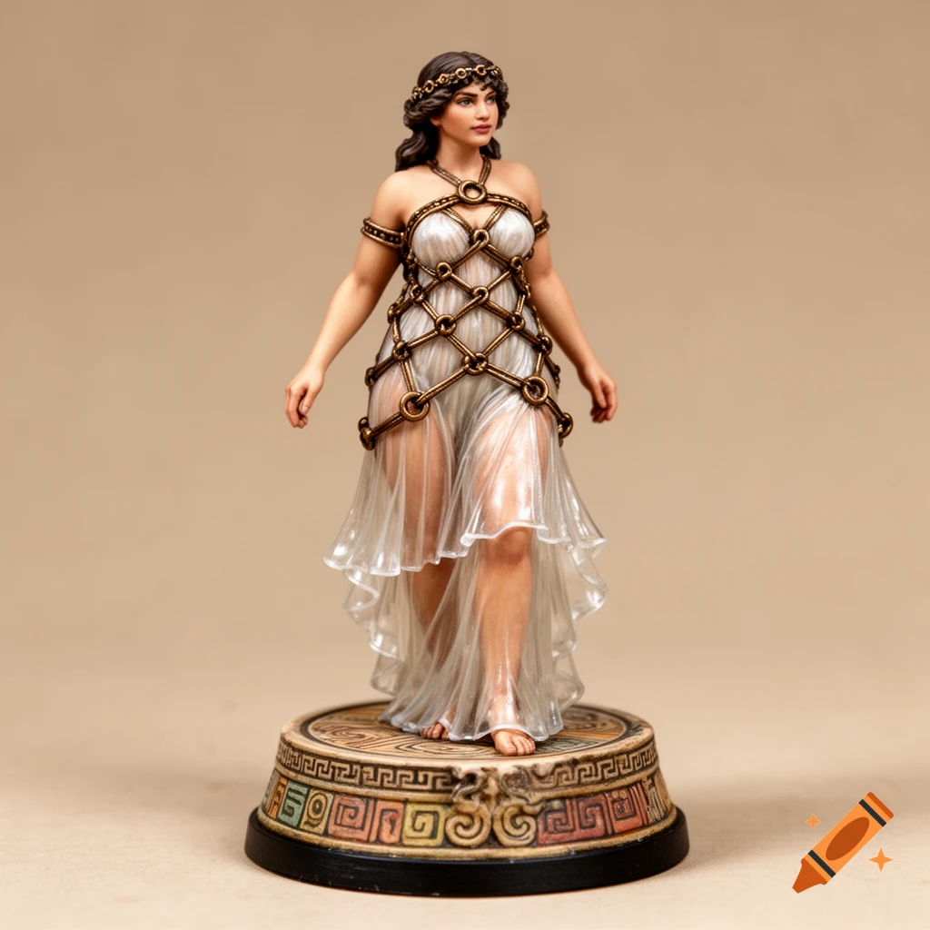 A tabletop role-playing miniature of a curvy Minoan woman in a translucent gown with bronze rings, standing on a patterned base.