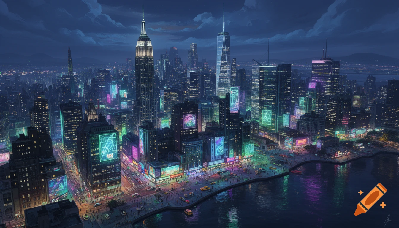 Aerial view of a vibrant New York City skyline at night with towering skyscrapers illuminated by colorful neon signs and reflected in water.