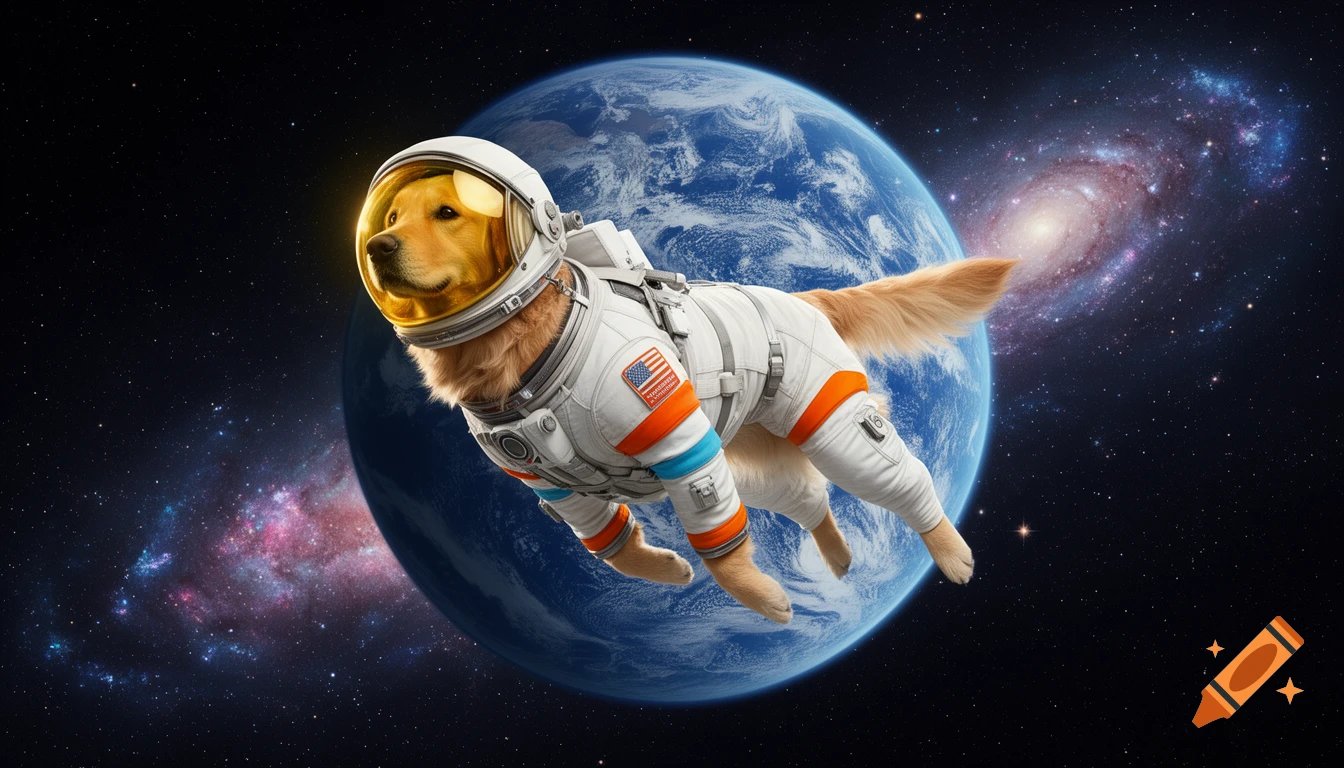 A golden retriever in a white astronaut suit with orange and blue accents floats in outer space with Earth and galaxies in the background, cinematic realistic style.
