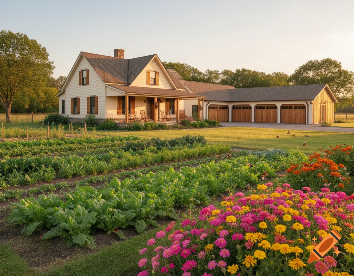 Photorealistic charming farmhouse with a four-car garage, fronted by a lush vegetable garden and vibrant flower garden.
