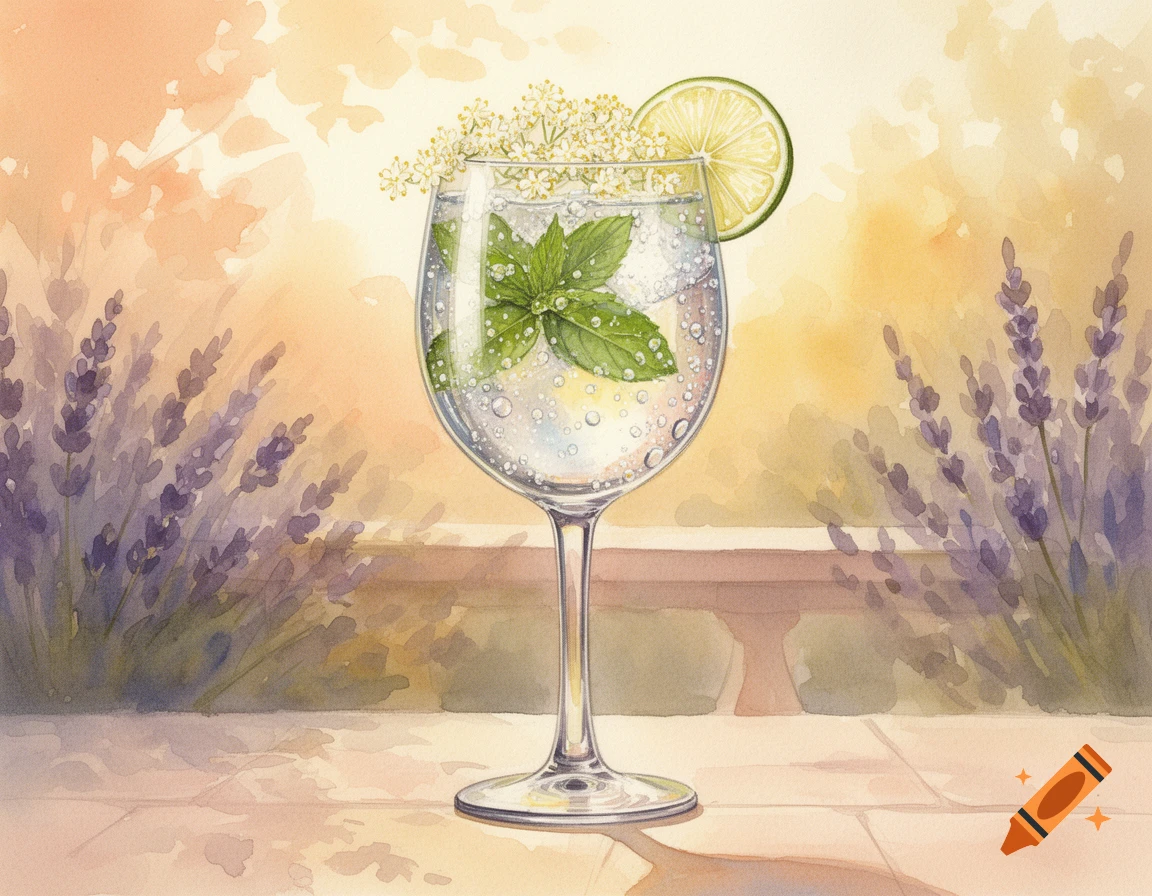 Watercolor painting of a Hugo Spritz drink garnished with mint, lime, and elderflower, set outdoors with lavender in the background.