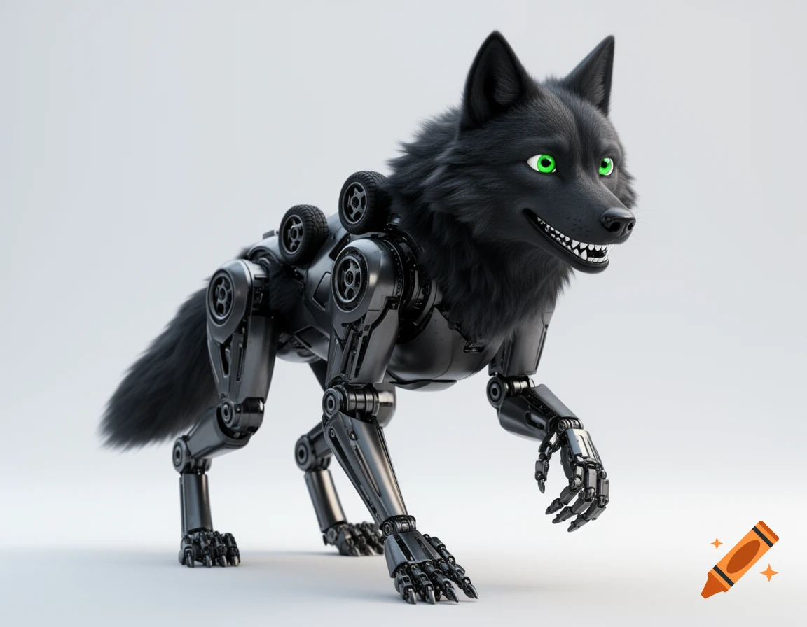 A lifelike black robotic wolf with green eyes, bared fangs, articulated mechanical limbs, and small tires on its back, in a white studio setting.