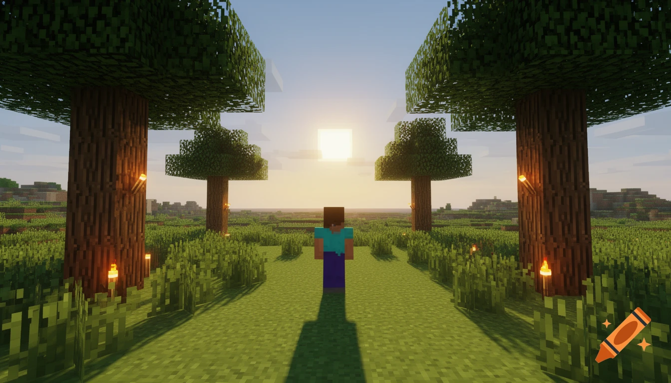 A lone blocky character stands between two large trees in a grassy Minecraft-like landscape, facing a low pixelated sun at sunset.