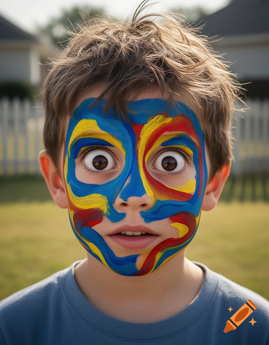 A boy with wide eyes looks surprised, his face painted in vibrant blue, yellow, and red abstract patterns.