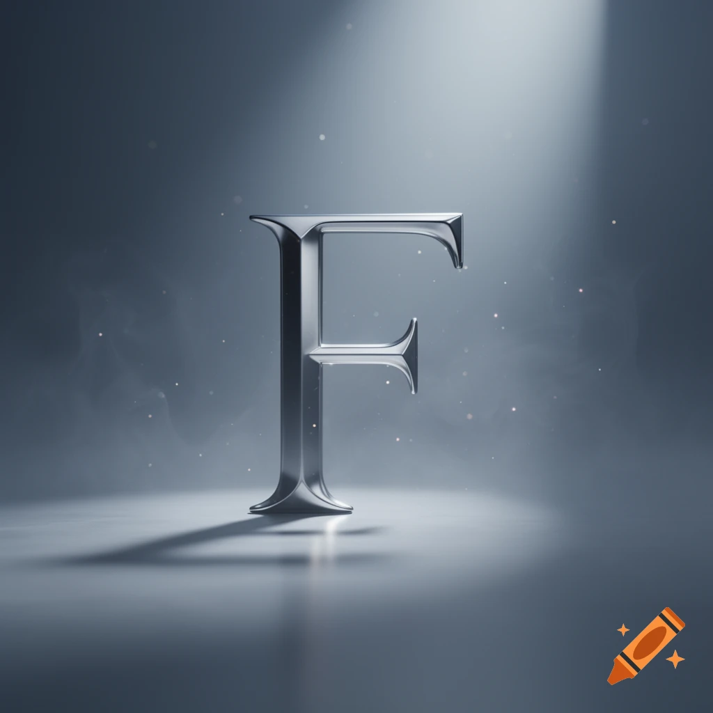 A chrome-like 3D letter 'F' standing on a reflective surface, illuminated by a spotlight in a smoky, dark environment.
