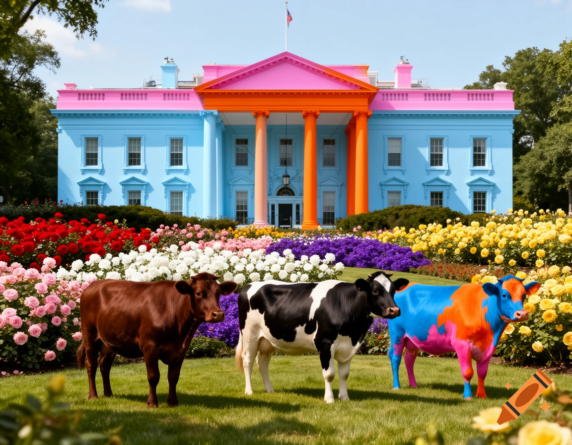 A vibrantly colored White House with blue walls, orange columns, and a pink roof. A colorful rose garden surrounds it, with three cows on the lawn, one painted blue, orange, and pink.