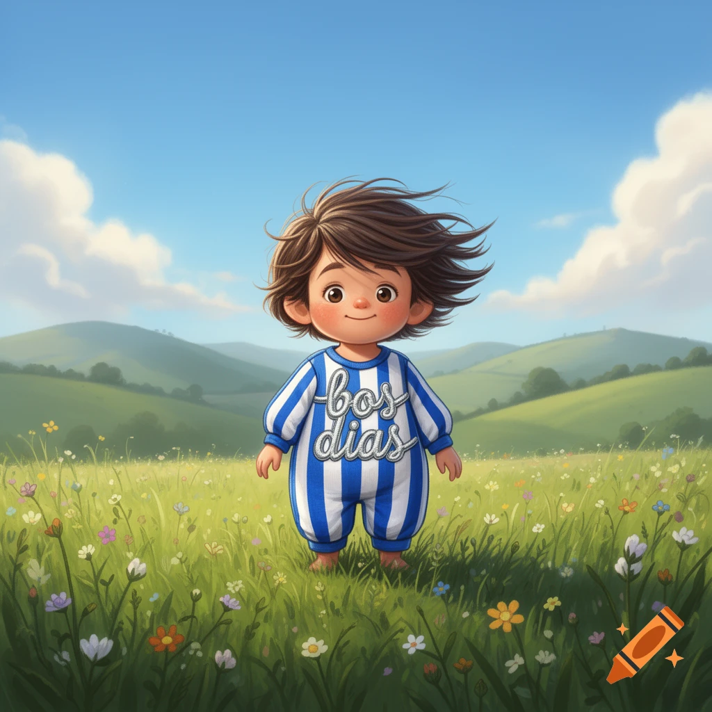 A whimsical cartoon child in blue and white 'bos dias' pajamas stands in a field of wildflowers under a bright blue sky.