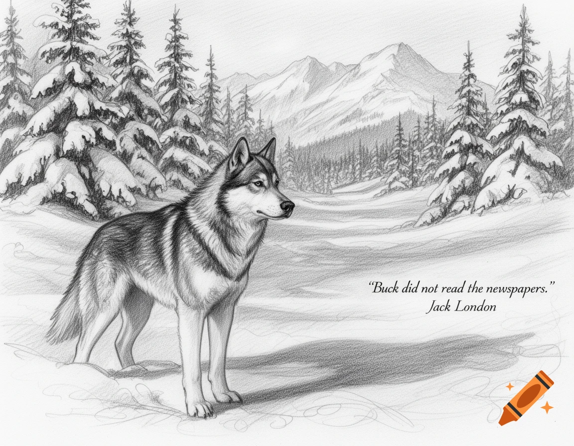 A detailed pencil drawing of a wolf standing in a snowy forest with mountains, alongside a quote by Jack London.