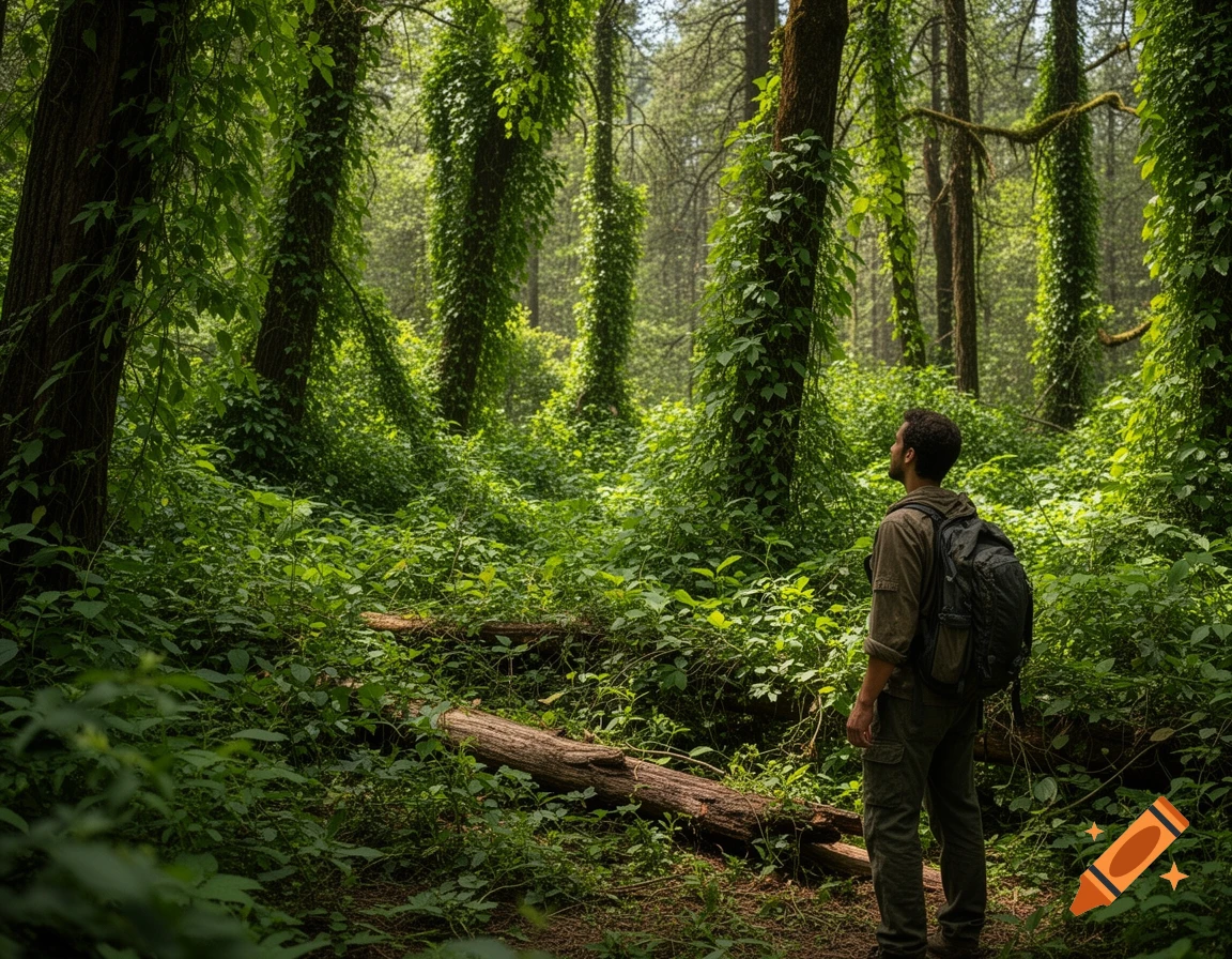A hiker with a backpack stands on a path in a dense, lush green forest, looking up at the vine-covered trees.
