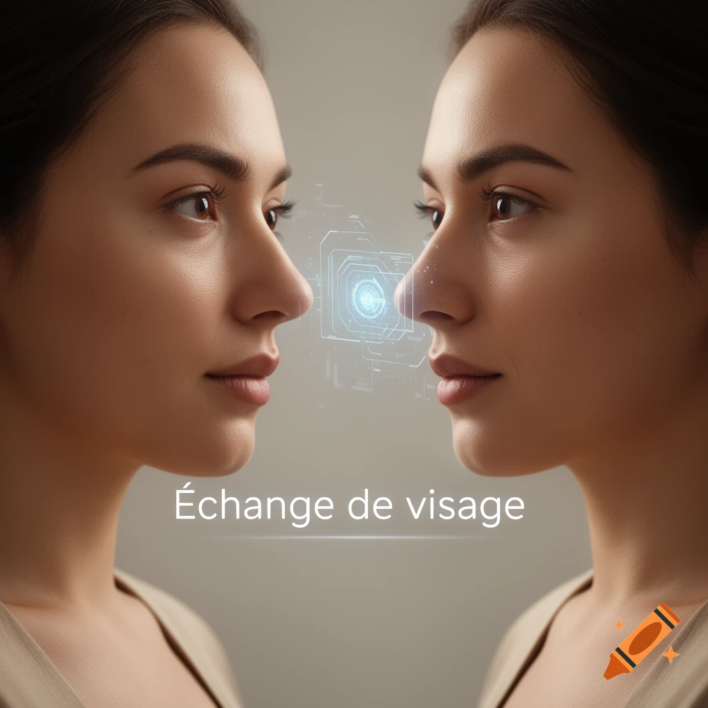 Two women's profiles facing each other, a glowing futuristic interface between their noses, with the text "Échange de visage".