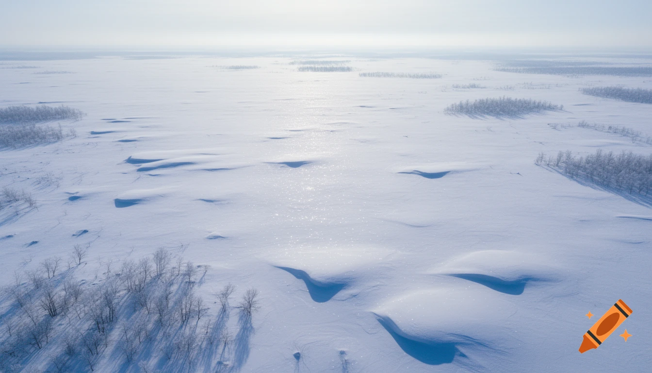 Aerial view of a vast, sparkling white snow-covered landscape with gentle drifts and scattered clusters of bare trees under a bright sky.
