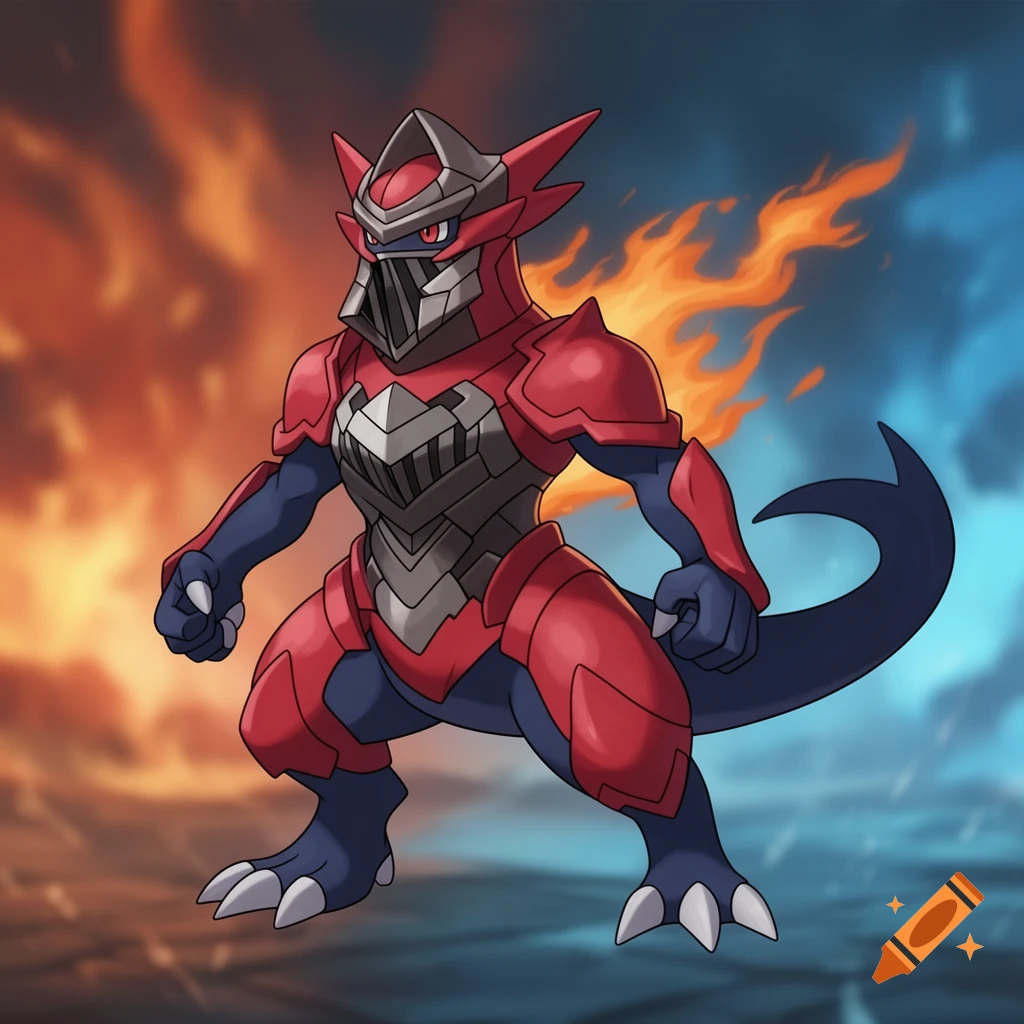A red and dark blue armored creature, resembling a knight-like Pok esmon, stands against a background split between fire and smoke.