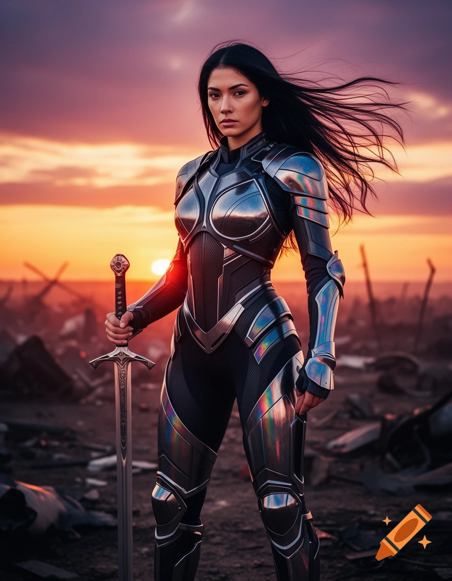 Photorealistic female swordswoman in sleek armor holding a sword in a desolate sunset landscape.