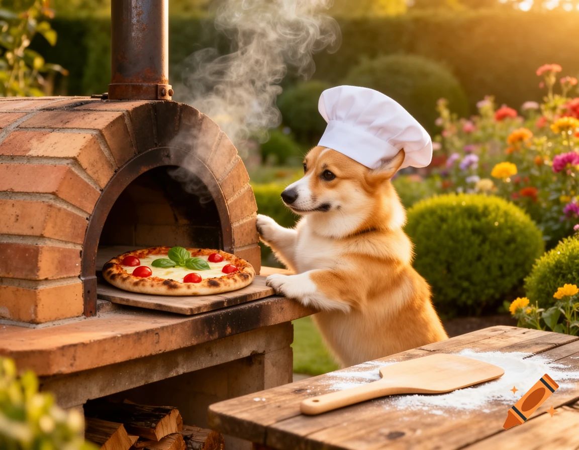 A corgi in a chef's hat stands by an outdoor brick oven, placing a pizza inside in a sunny garden.